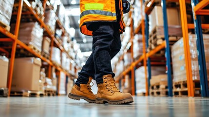 Worker in winter boots and heavy jacket managing inventory in a warehouse environment