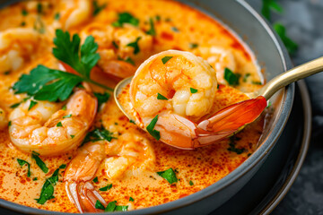 Spoon lifting a shrimp from a delicious moqueca, a traditional brazilian seafood stew with coconut milk, tomatoes, onions, garlic and cilantro