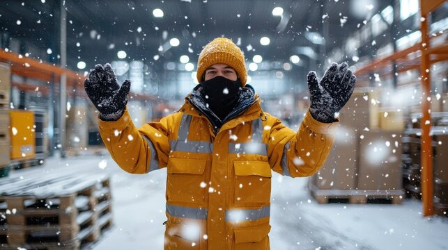 Snowy workplace a worker in winter gear amidst a snowy warehouse environment