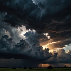 Obraz premium Threatening Storm Clouds with Rays of Sunlight Emerging. Intense Atmospheric Scene