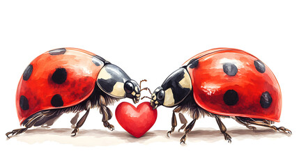 Fototapeta premium Two ladybugs face each other with antennae touching a red heart shape, symbolizing love and connection in a charming and romantic nature scene