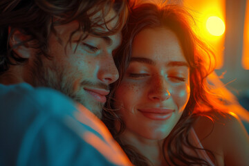 Portrait of happy couple time at home apartment indoors inside house home AI generative