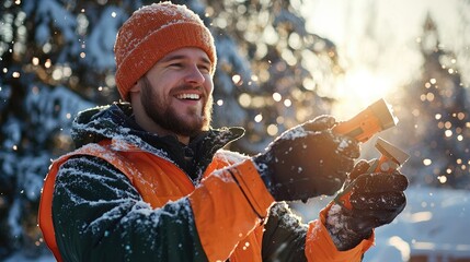 Happy Worker Using Tools in Winter Landscape