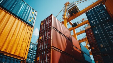 Fototapeta premium Stacked Containers at Port Terminal Under Clear Sky