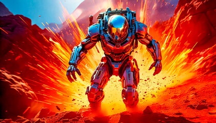 Fototapeta premium Astronaut in armored, robotic spacesuit in action on planet surface, Starship troopers, space exploration, galaxy study mission, space science. Explosion, unfriendly planet, space war, robot astronaut