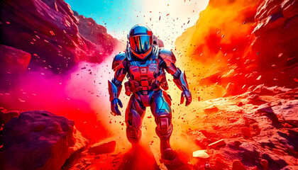 Astronaut in armored, robotic spacesuit in action on planet surface, Starship troopers, space exploration, galaxy study mission, space science. Explosion, unfriendly planet, space war, robot astronaut