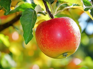 Ripening red apple glistens with dew on tree branch in a sunny orchard during autumn