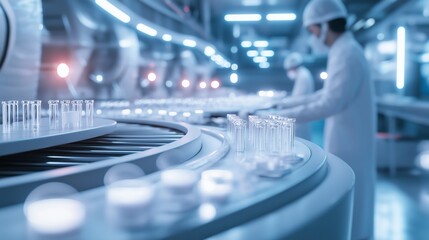 A high-tech factory production line with workers in lab coats, a conveyor belt filled with white vials of liquid and coins, clean bright lighting, and modern design elements, in a wide shot