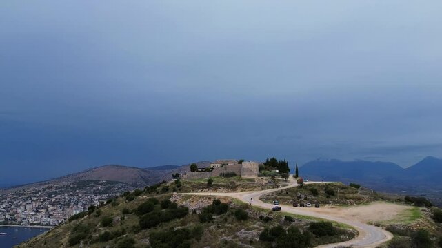 Lekuresi castle ruined Ottoman empire castle Saranda south Albania, aerial drone