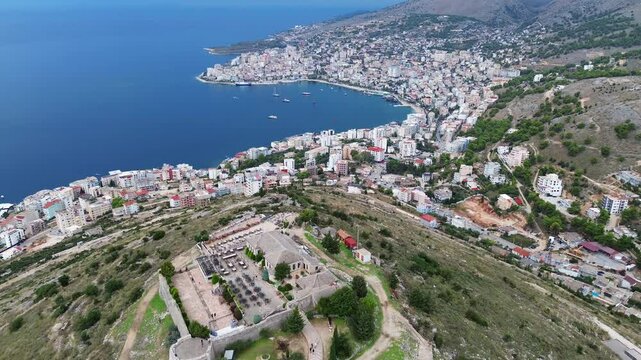 Saranda Albania city view from Lekuresi castle made by Ottoman empire, aerial