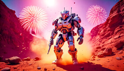 Fototapeta premium Astronaut in armored, robotic spacesuit in action on planet surface, Starship troopers, space exploration, galaxy study mission, space science. Explosion, unfriendly planet, space war, robot astronaut