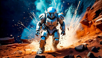 Astronaut in armored, robotic spacesuit in action on planet surface, Starship troopers, space exploration, galaxy study mission, space science. Explosion, unfriendly planet, space war, robot astronaut