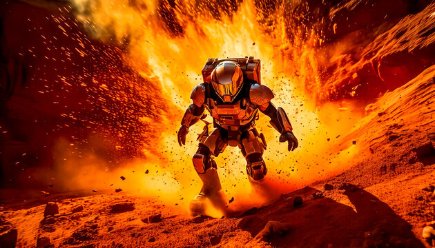 Astronaut in armored, robotic spacesuit in action on planet surface, Starship troopers, space exploration, galaxy study mission, space science. Explosion, unfriendly planet, space war, robot astronaut