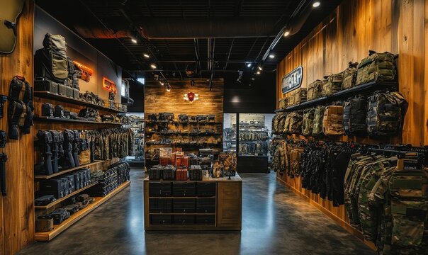 Camouflage gear and accessories shop interior.