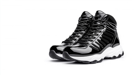 A pair of black patent leather high-top sneakers with chunky white soles and black laces on white background