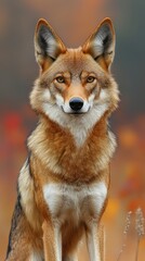 Fototapeta premium Majestic coyote stands proudly in vibrant autumn foliage during a serene afternoon