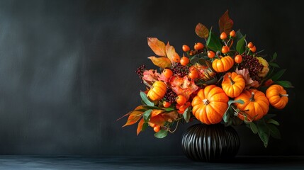 Autumn bouquet with small orange pumpkins beautifully arranged, highlighting the vibrant colors of fall. This autumn bouquet is perfect for seasonal decor with ample copy space.
