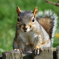 Obraz premium Curious squirrel peeking over a wooden fence in a vibrant outdoor setting on a sunny day
