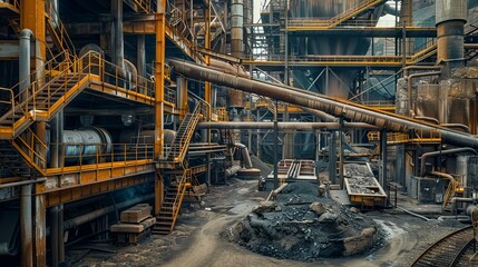 Industrial Complex: Steel Mill Interior with Pipes and Machinery