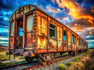 Obraz premium Rusty Relic: Double Exposure of Abandoned Cargo Train Carriage