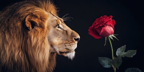Naklejka premium A lion paired with a red rose represents the spirit of Valentines Day, embodying both strength and romance in a unique symbolic display of love and passion.