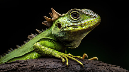 Obraz premium Close-up portrait of a green iguana with detailed scales and spiked crest, sitting on a brown branch against a black background.