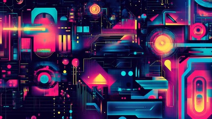 Fototapeta premium Psychedelic retro-futuristic set with surreal geometric shapes, wireframes, and cyberpunk elements.