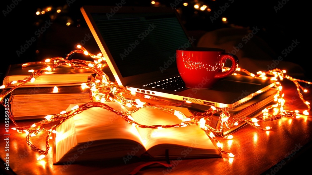 Poster a tranquil and cozy home office setup featuring a laptop notebook and warm ambiance with string ligh
