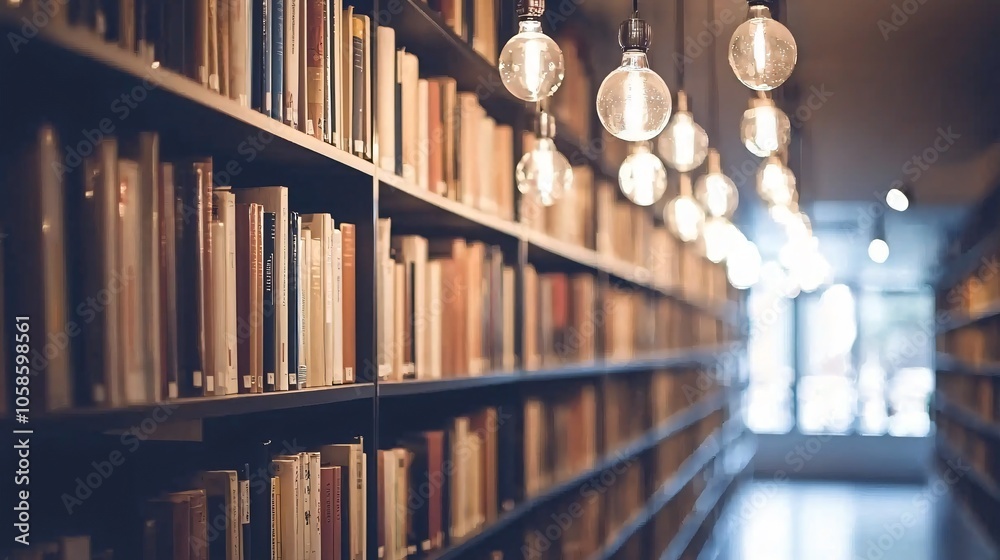 Poster A captivating view of neatly arranged books under warm lighting in a modern library setting