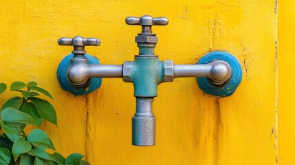 Old Water Tap on Yellow Wall