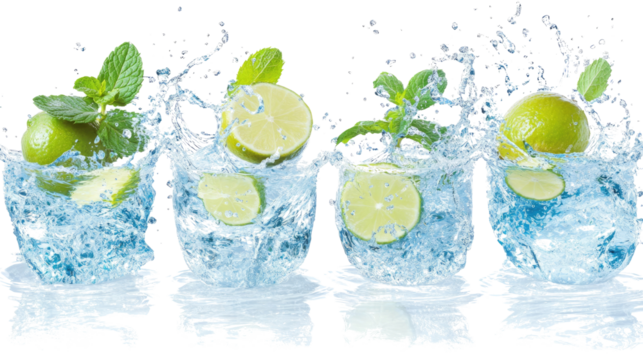 Refreshing Summer Cocktail With Limes Mint Leaves and Water Splashes Generative AI