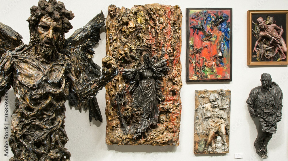 Poster exploring a vibrant gallery wall filled with intricate abstract art and captivating sculptures that 