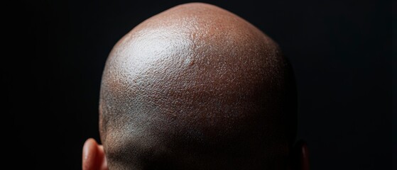 Fototapeta premium The texture and detail of a shaved head with beads of moisture, showing skin texture against a dark background. The close-up portrait with natural skin patterns and lighting effects. Generative AI 