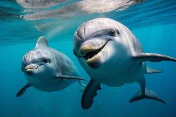 Fototapeta premium Dolphin performance in dolphinarium aquapark best friends with people swimming together Generative AI picture