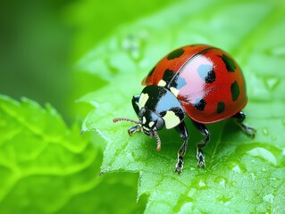 Fototapeta premium Vibrant ladybug perched on a lush green leaf with raindrops glistening under sunlight