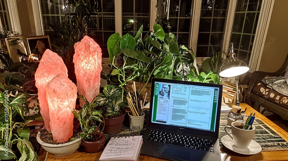 Poster creating an inspiring home office environment a cozy setup with lush plants a laptop notebook and th