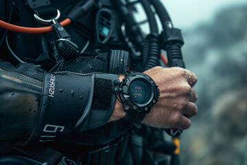 Fototapeta premium Professional skilled diver exploring underwater bio diversity sea ocean, Generative AI