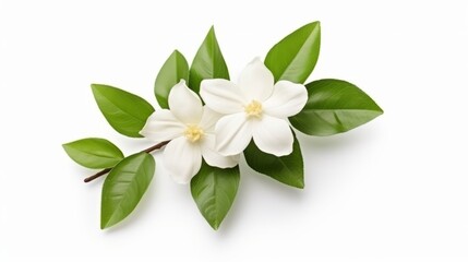 White jasmine flower with leaf on white background &ndash; elegant isolated floral display of fragrant bloom


