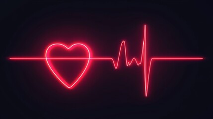 Red neon heart pulse monitor with signal. Heartbeat line, flat EKG trace. Medical and health concept. 
