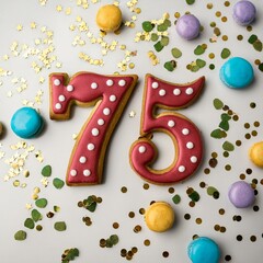Decorated cookie, number 75, image for birthday or anniversary celebration
