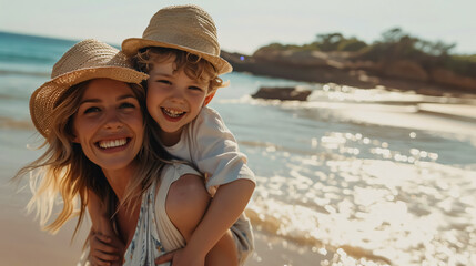 Mom carries her kids piggyback at the beach during a summer vacation in Australia, enjoying quality time and the sunshine. Happy Mother�s Day!