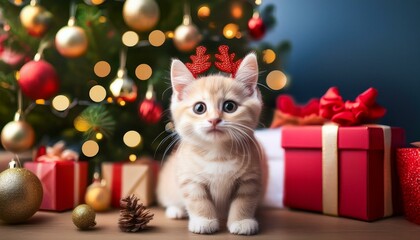 Obraz premium A little cat, kitten posing in front of the Christmas tree