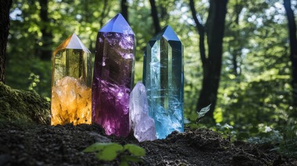 Obraz premium Set of colorful quartz crystals in a forest, symbolizing spiritual balance and meditation practices. 