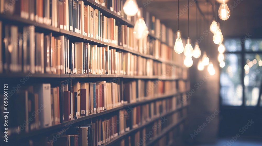 Poster A captivating glimpse into the serene ambiance of a library with bookshelves illuminated by soft lighting