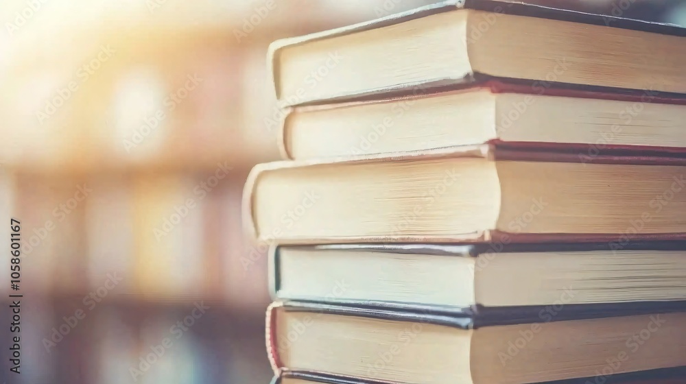 Poster A captivating stack of books on a library shelf bathed in soft light perfectly illustrating the essence of knowledge and reading