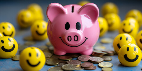 Obraz premium Pink Piggy Bank with Smiley Face Coins