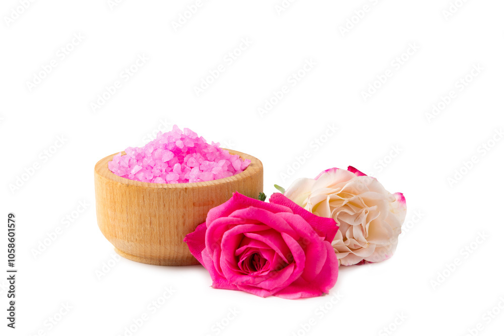 Wall mural Sea salt for bath with rose aroma isolated on white background. Pink sea salt. Spa treatments. Natural salt with herbs and essential oils. skincare concept.