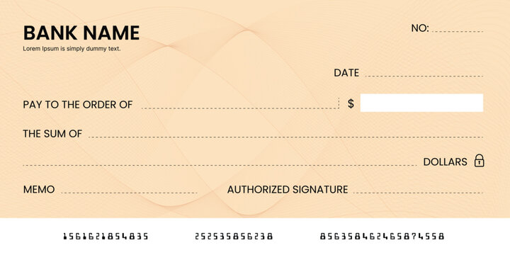 Blank bank check, checkbook cheque template or money payment paper voucher, vector mockup. Business or personal account cash pay cheque certificate or paycheck coupon from checkbook