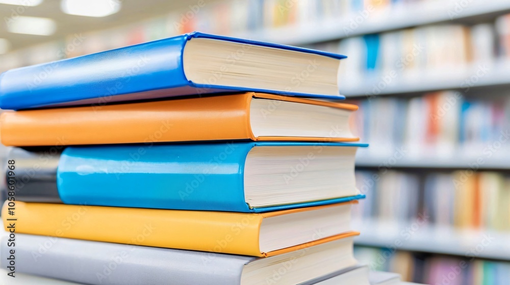 Poster Intricately detailed capture of stacked books on a library shelf showcasing colorful spines and textured covers in a vibrant learning environment