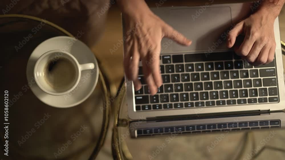 Aufkleber this image captures a closeup view of hands actively typing on a laptop while a cup of coffee rests 